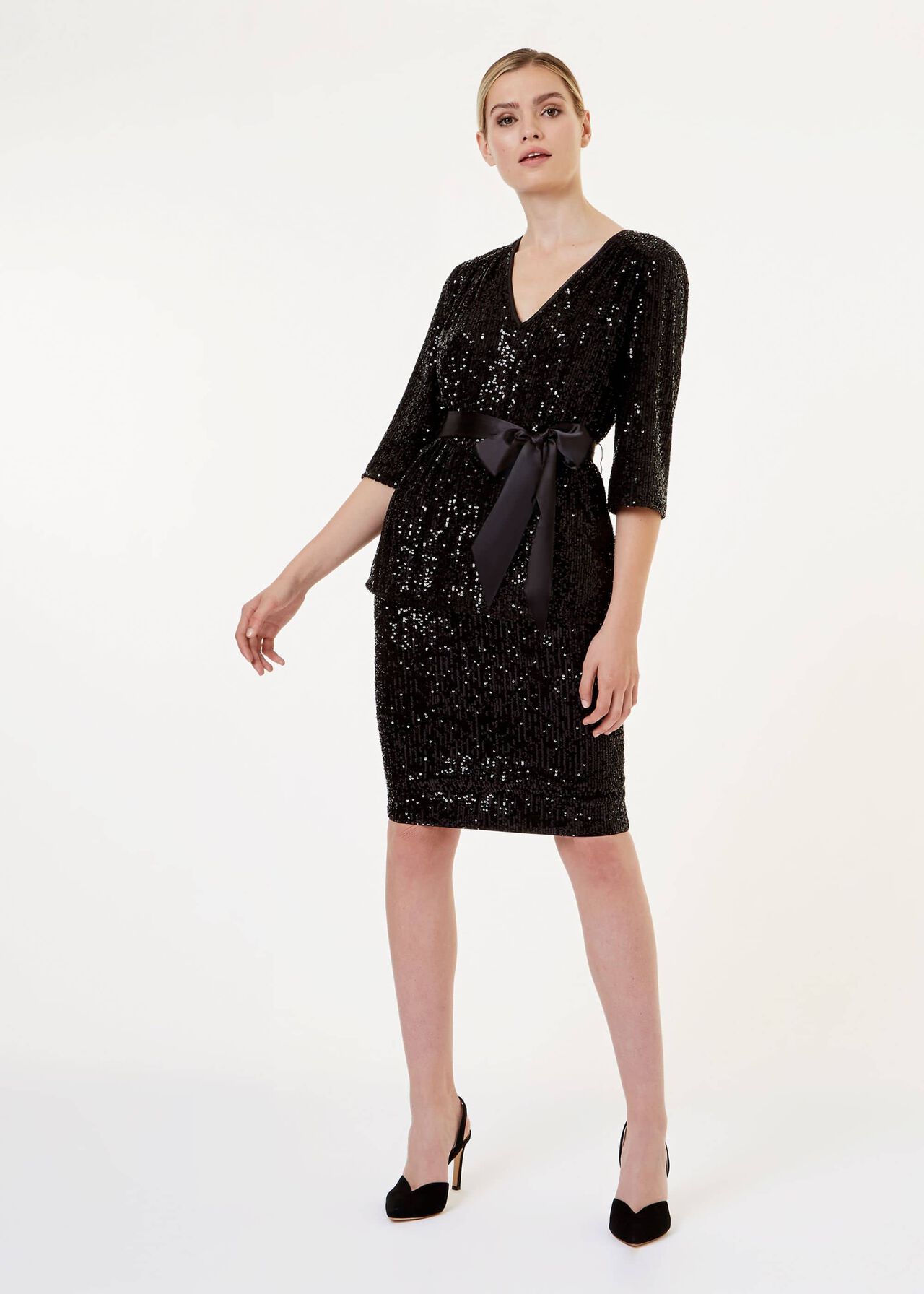 Salma Sequin V Neck Top, Black, hi-res