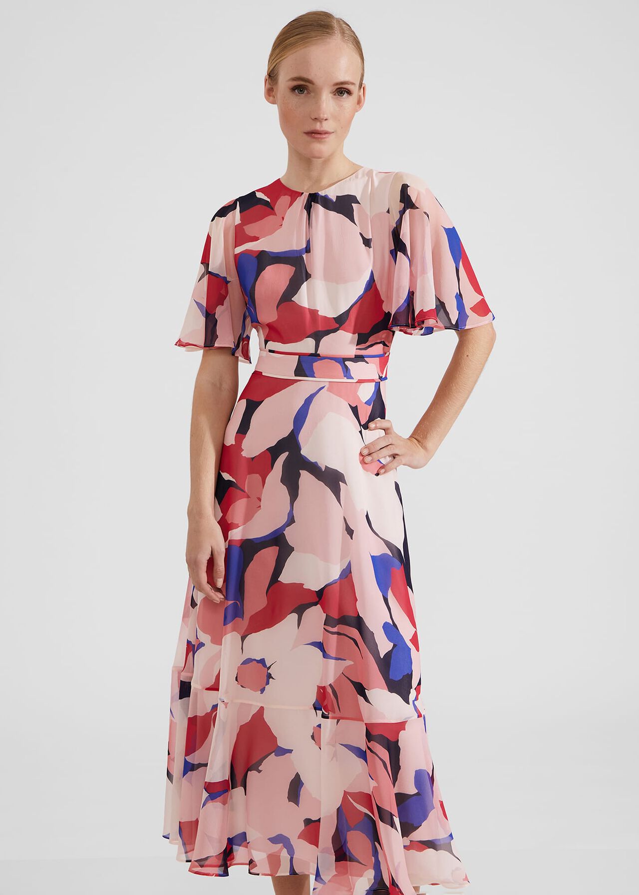 Petite Freya Silk Midi Dress, Navy Pink Multi, hi-res