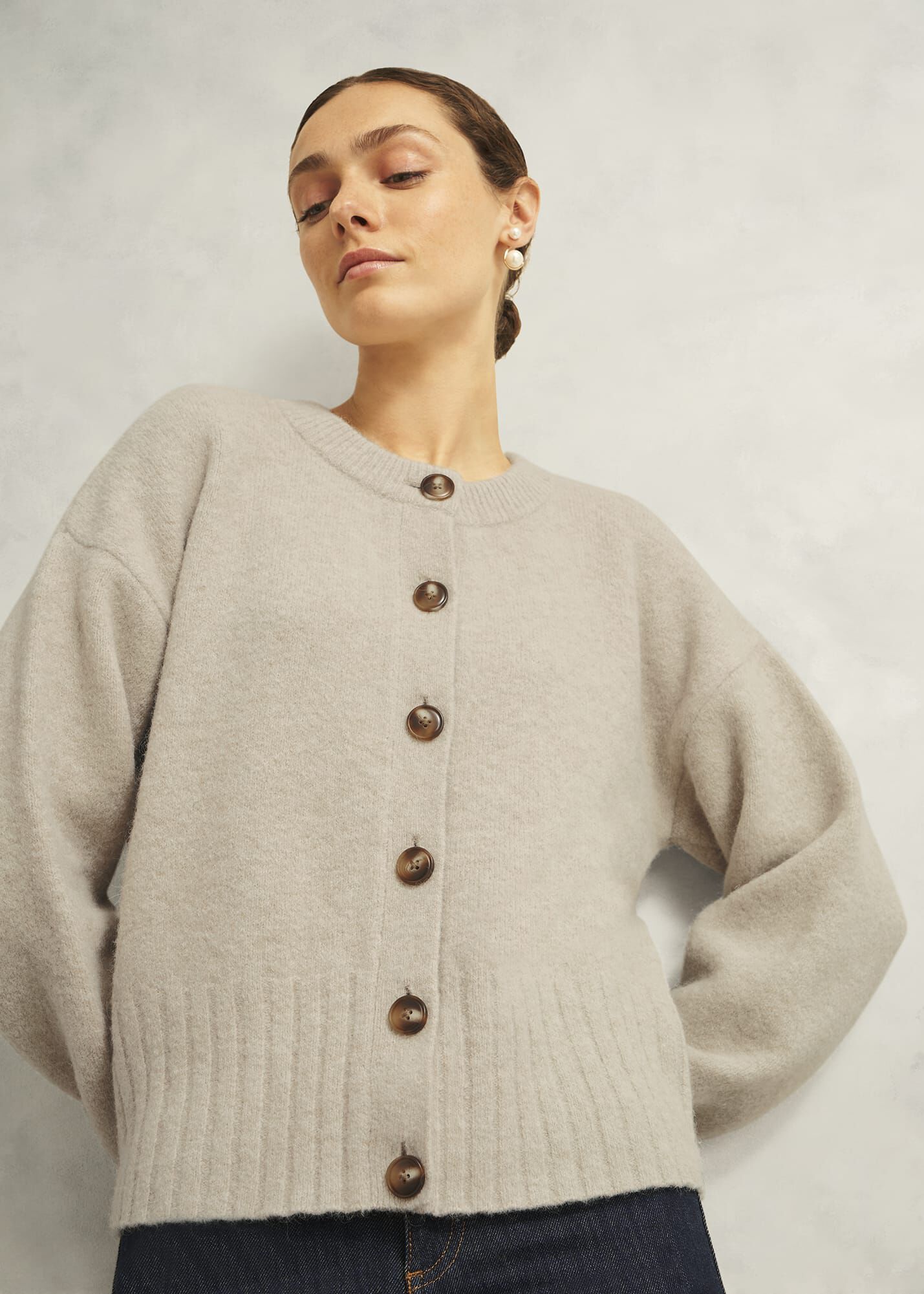 Oatmeal Freya Crew Neck Button Knitted Cardigan | Hobbs US |