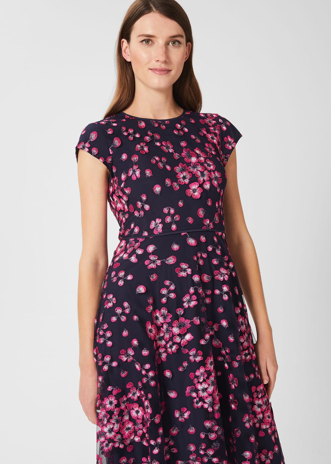 Tia Floral Embroidered Dress, Navy Pink, hi-res