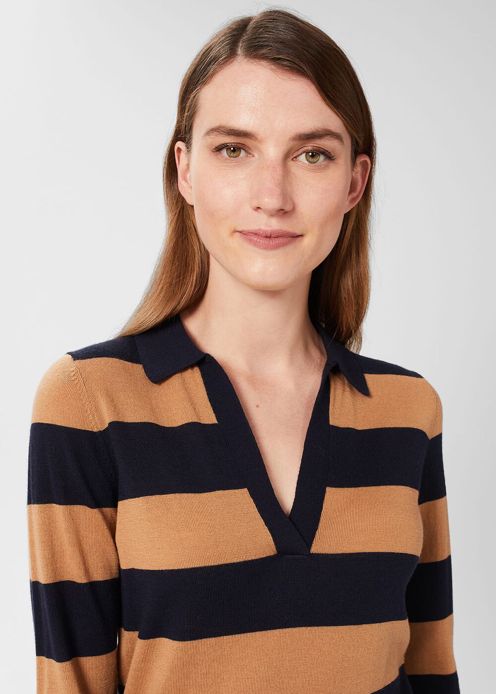 Alexis Merino Wool Stripe Polo Jumper, Navy Camel, hi-res