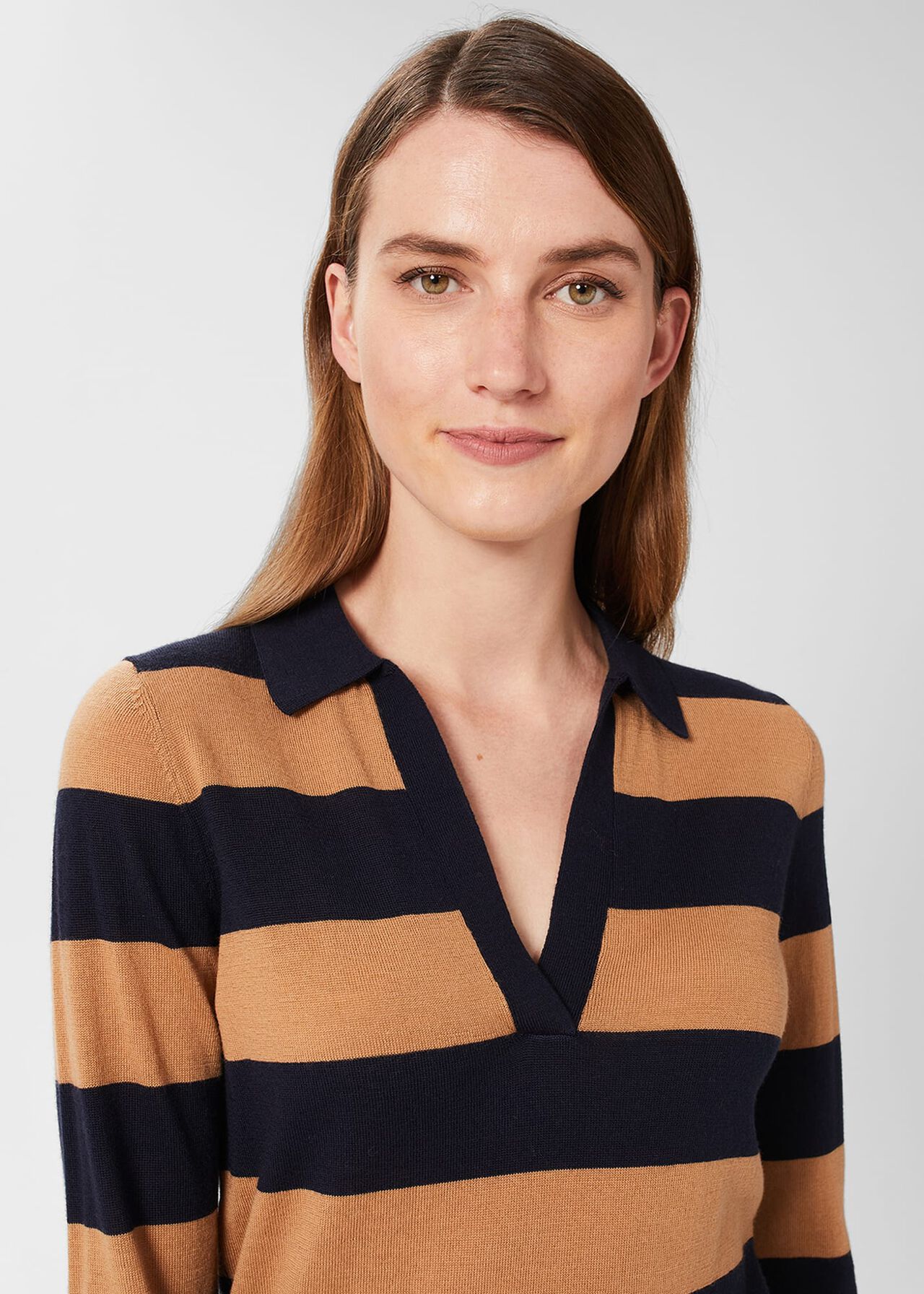 Alexis Merino Wool Stripe Polo Jumper, Navy Camel, hi-res