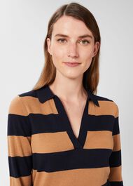 Alexis Merino Wool Stripe Polo Jumper, Navy Camel, hi-res