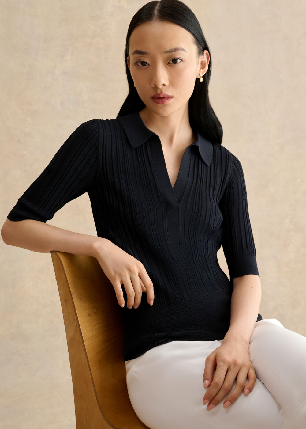 Blair Pointelle Knitted Polo Top, Hobbs Navy, hi-res