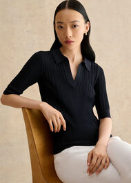 Blair Pointelle Knitted Polo Top, Hobbs Navy, hi-res