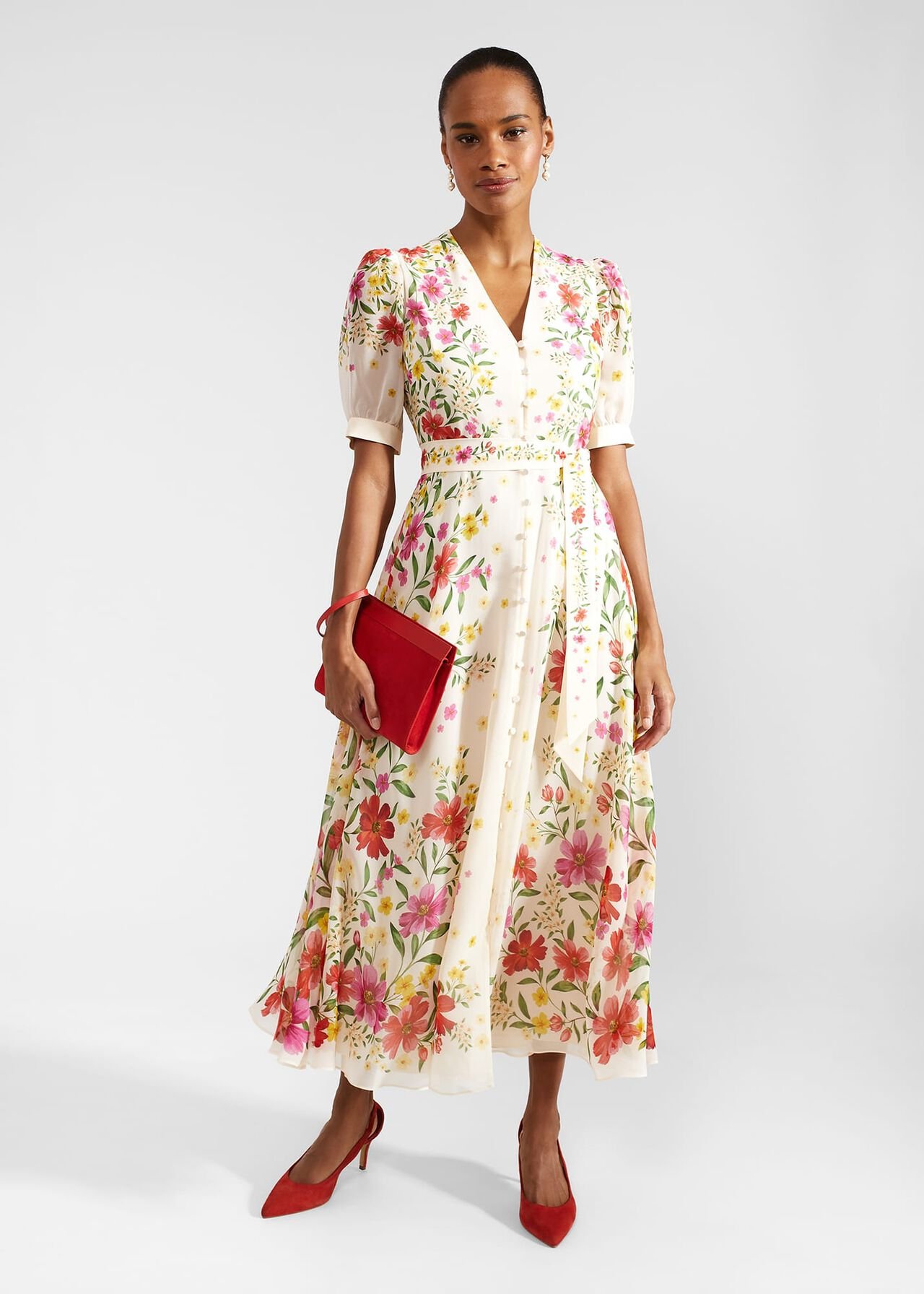 Aurelia Floral Silk Dress, Cream Multi, hi-res