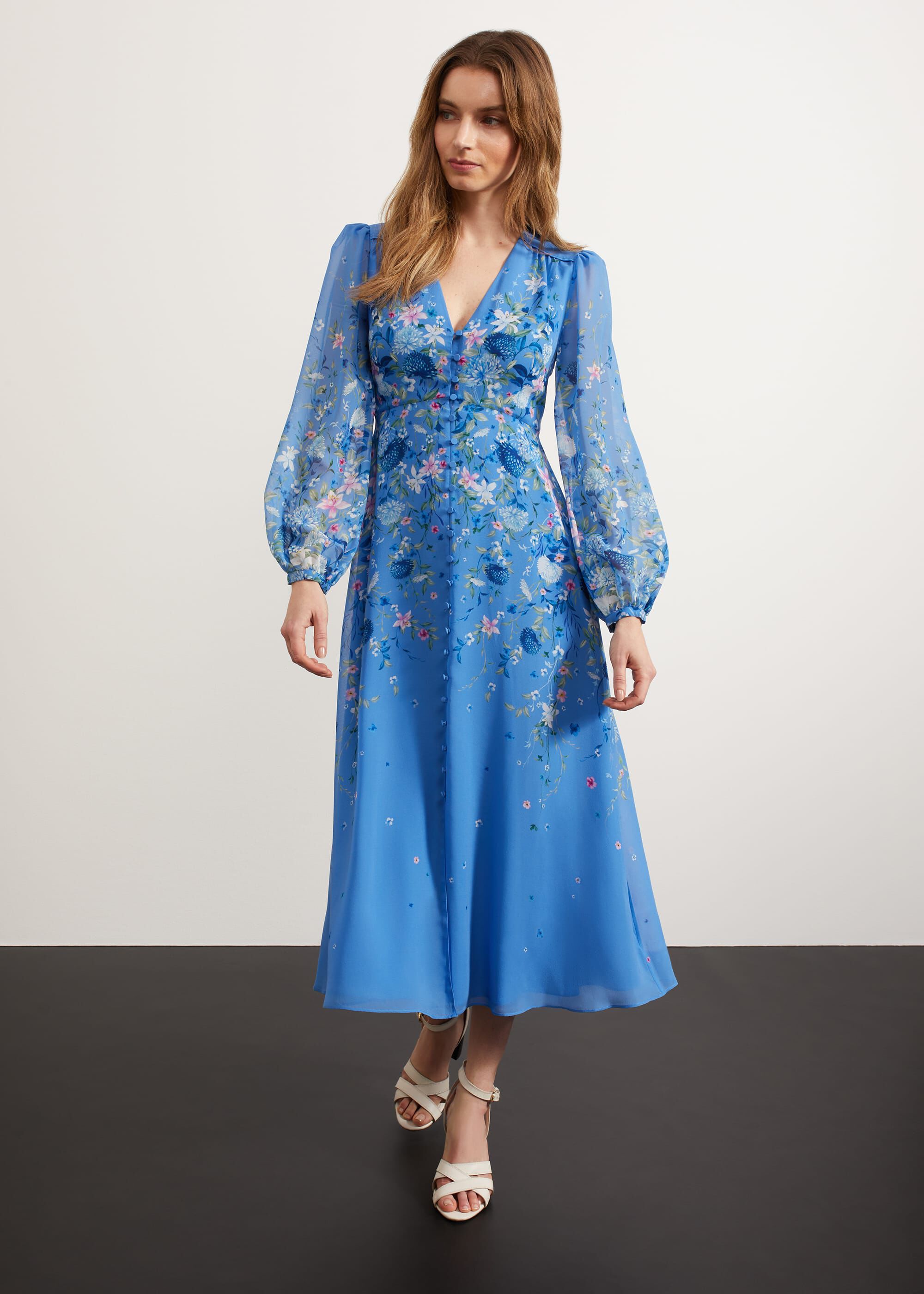 Blue silk floral dress sales