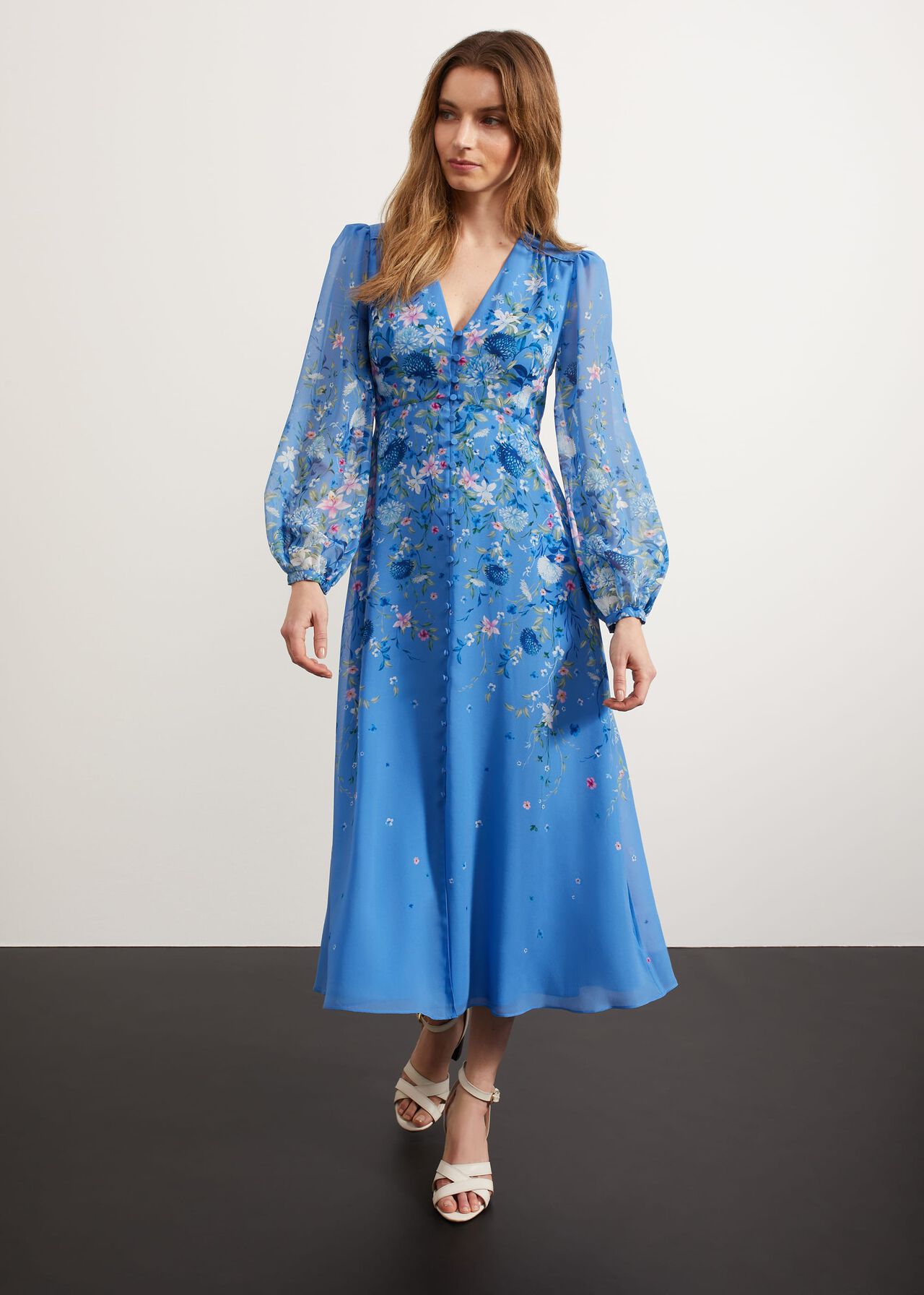 Caversham Silk Floral Dress, Blue Multi, hi-res