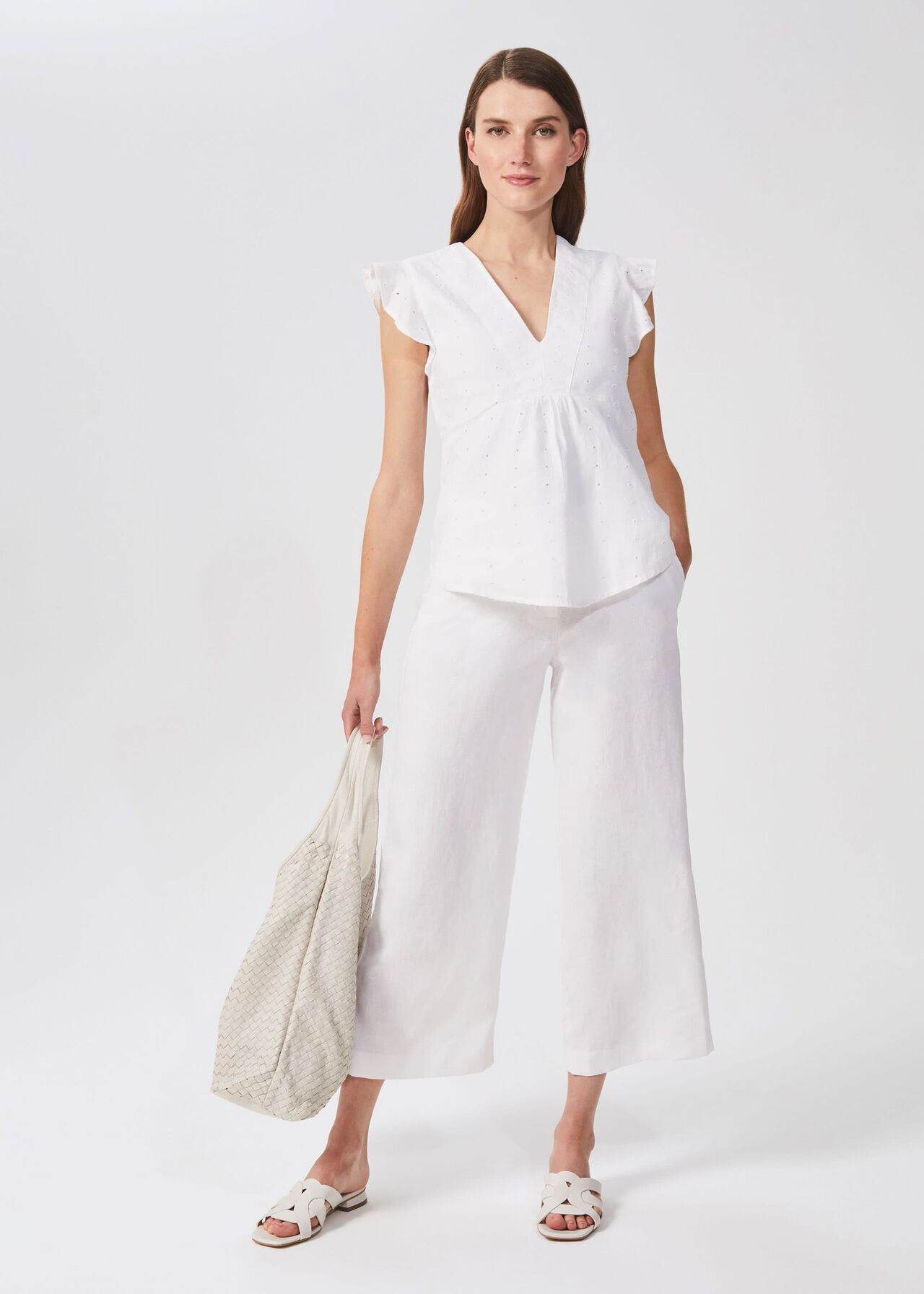 Nicole Linen Wide Leg Trousers, White, hi-res