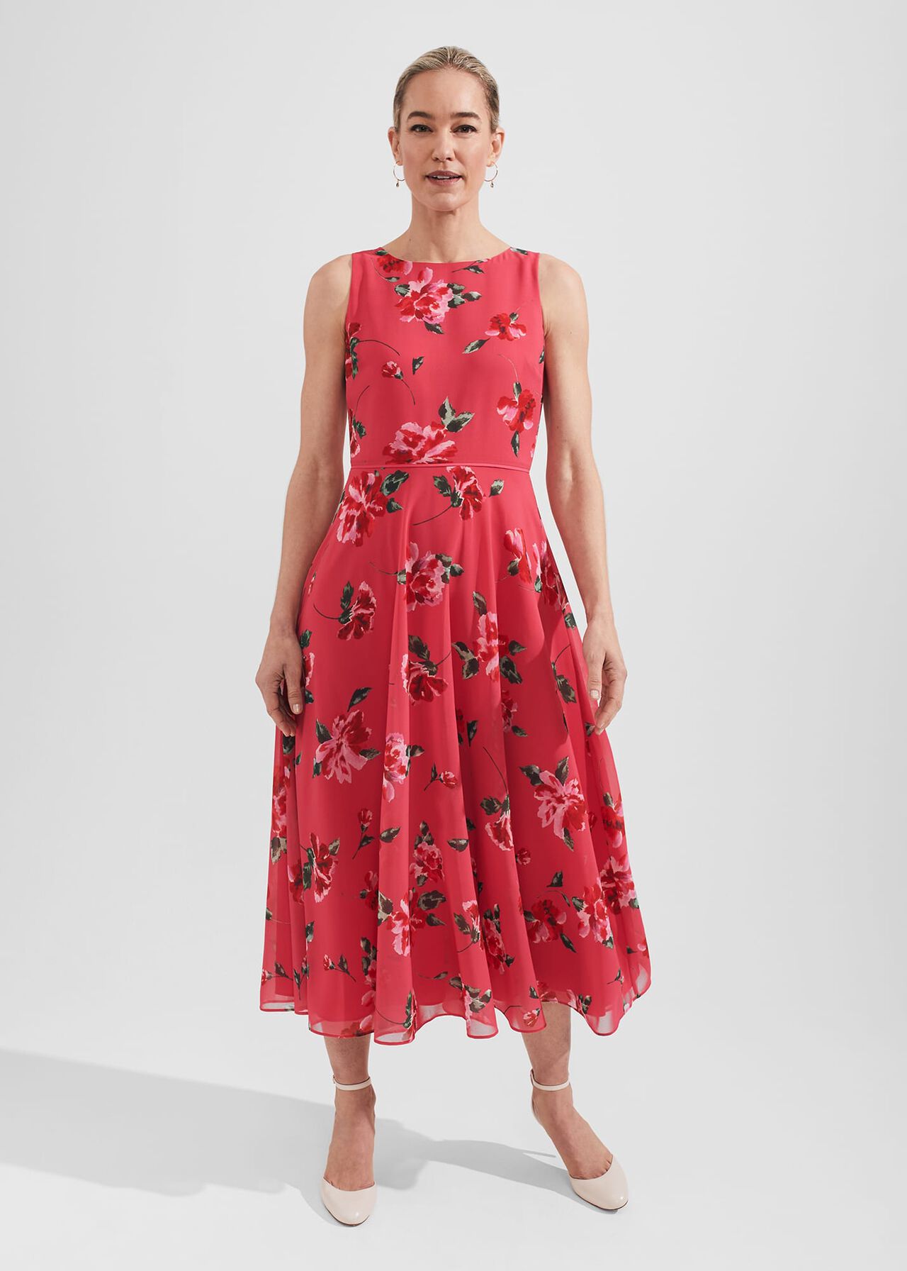 Carly Floral Midi Dress, Pink Red Multi, hi-res