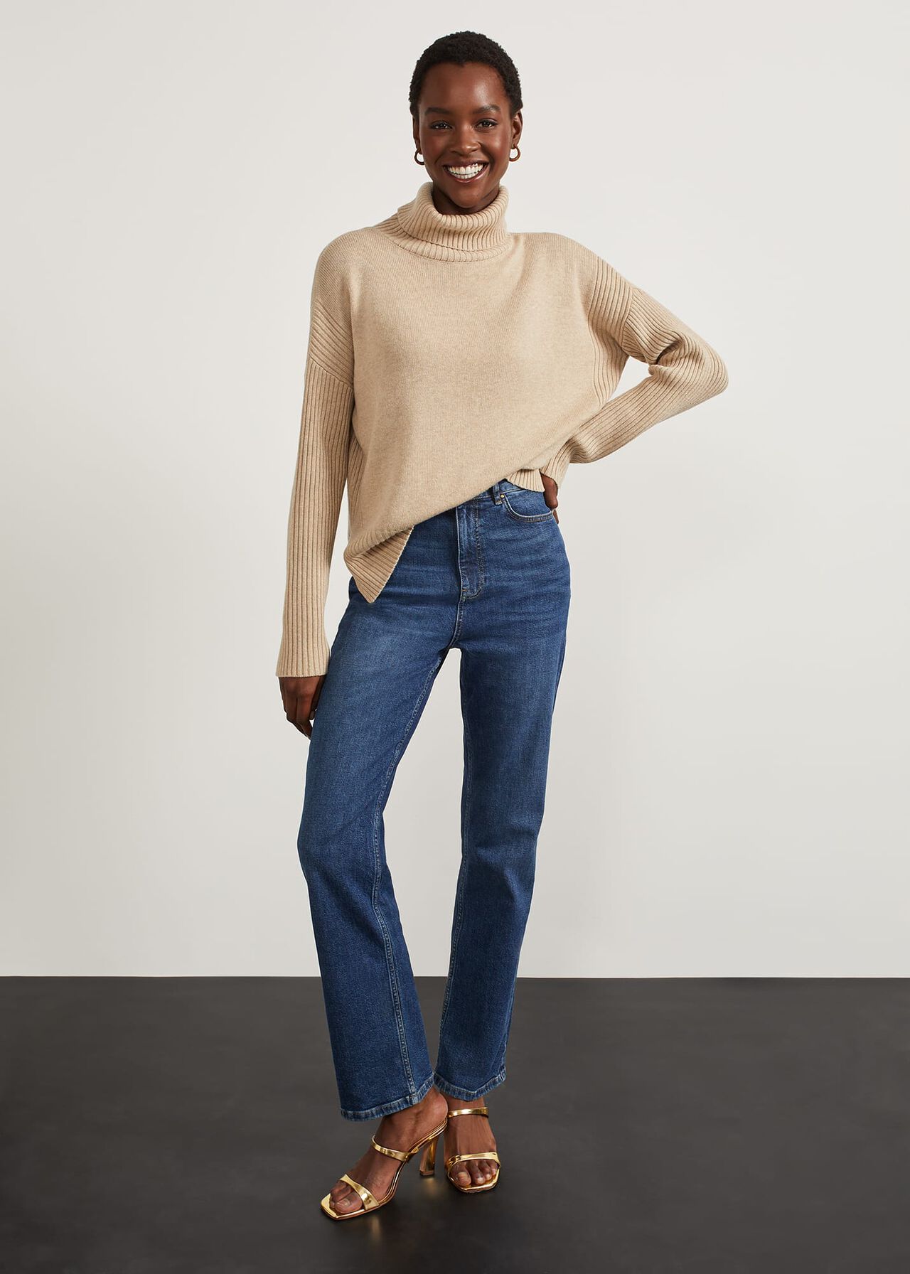 Lovell Co-Ord Wool Cotton Roll Neck Sweater, Oatmeal Marl, hi-res