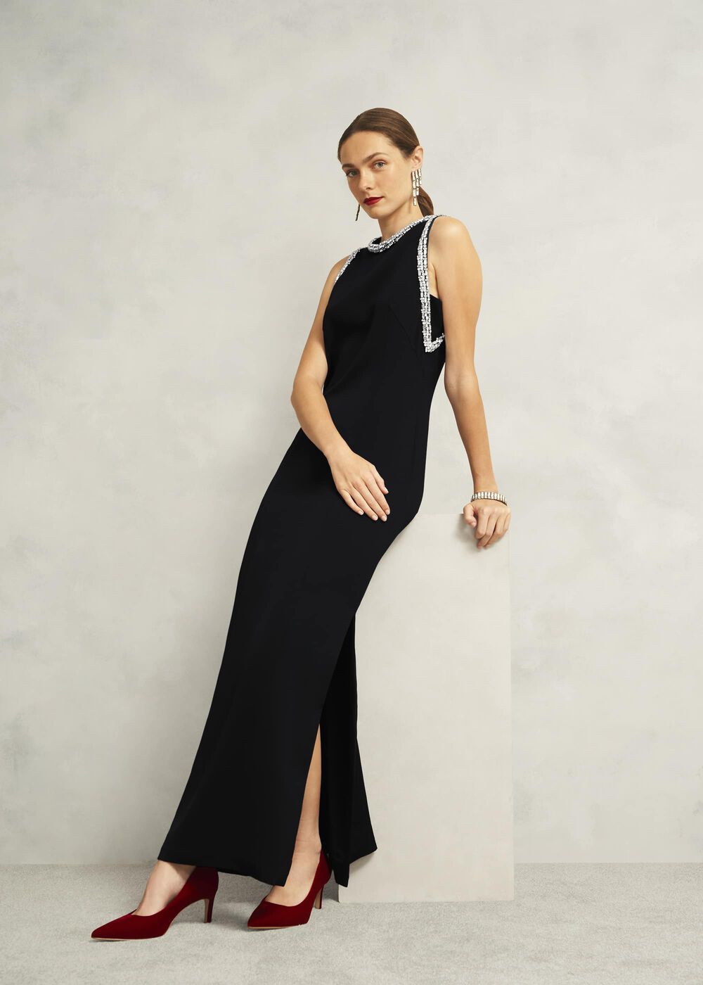 Angelina Trimmed Column Maxi Dress, Black, hi-res