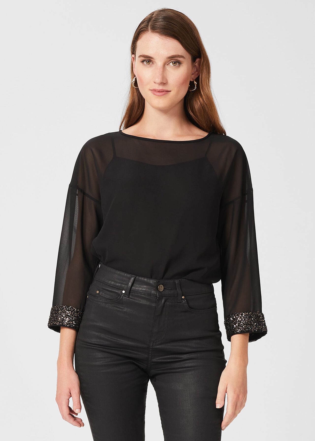 Alexandra Sequin Detail Top, Black, hi-res