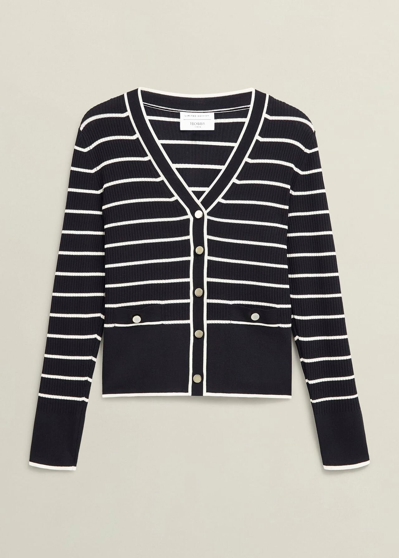 Navy Belmont Striped Knitted V Neck Cardigan, Black Cream, hi-res