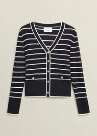 Navy Belmont Striped Knitted V Neck Cardigan, Black Cream, hi-res