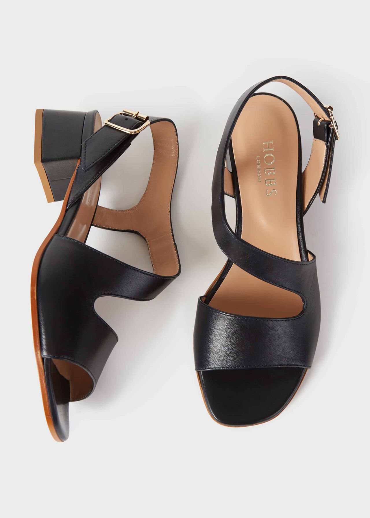 Leather Block Heel Sandals, Navy, hi-res