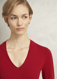 Red Scarlett V Neck Knitted Dress, Pomegranate Red, hi-res