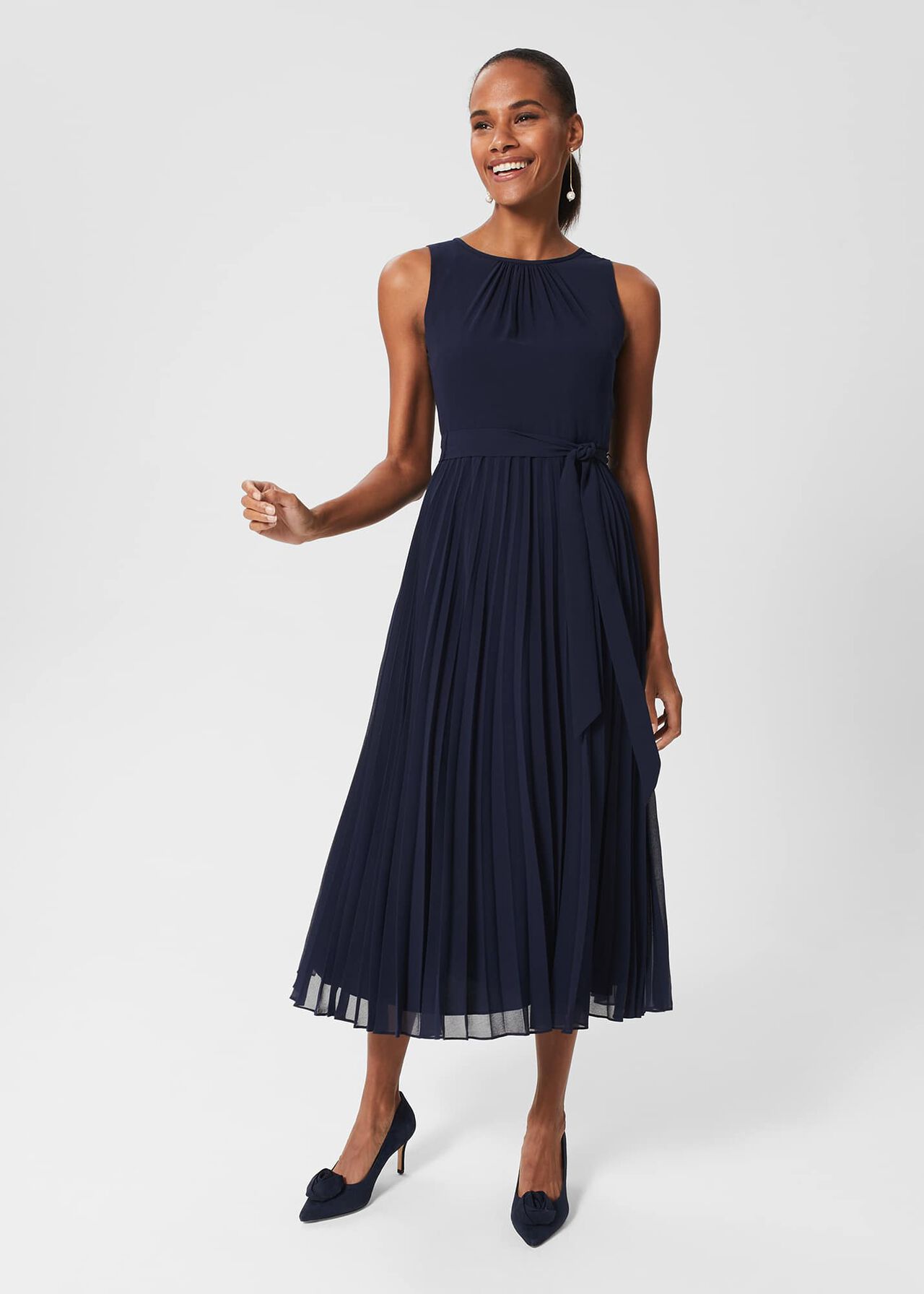 Blythe Pleated Midi Dress, Midnight Navy, hi-res