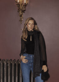 Lorelai Velvet High Neck Sheer Sleeve Top, Black, hi-res