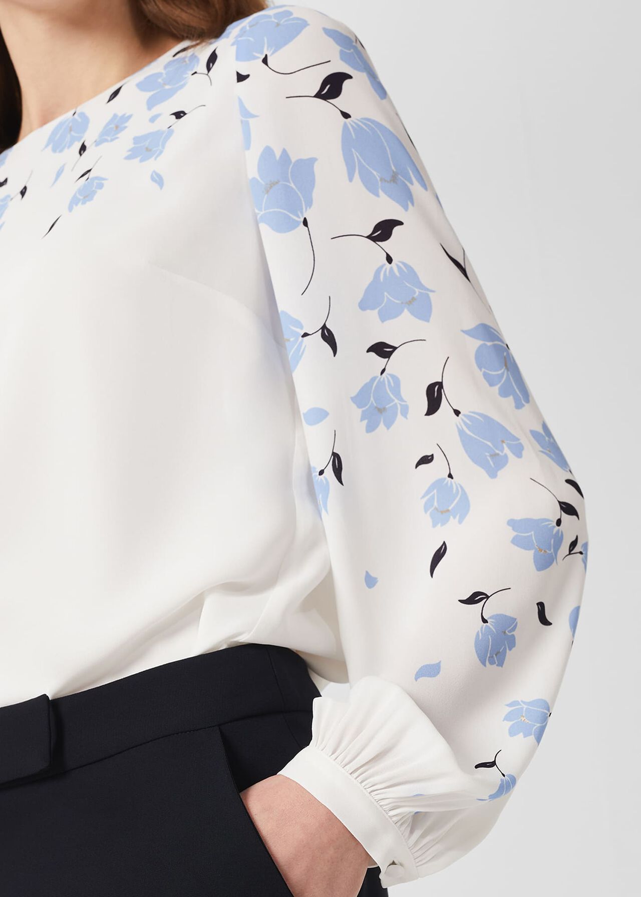 Zeoy Floral Puff Sleeve Blouse, Ivory Blue, hi-res