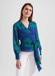 Elizabeth Printed Wrap Blouse, Blue Green, hi-res