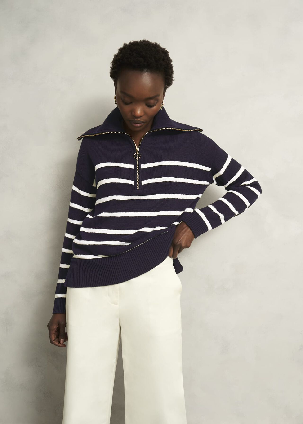 Amy Stripe Cotton Jumper, Warm Ivory Navy, hi-res
