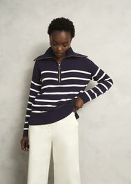Amy Stripe Cotton Jumper, Warm Ivory Navy, hi-res