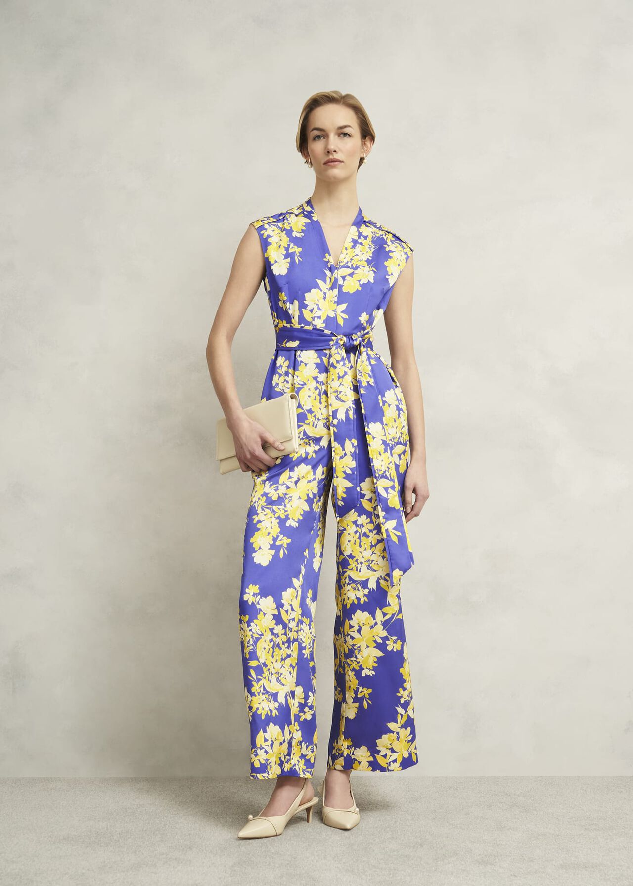 Macey Floral V Neck Jumpsuit, Blue Multi, hi-res