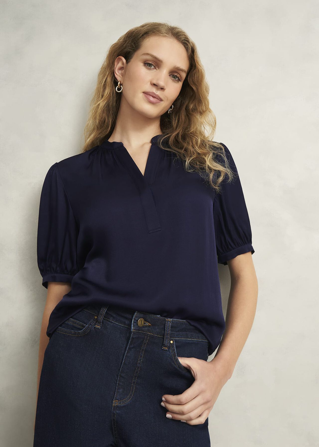 Anastasia Satin Blouse, Midnight, hi-res