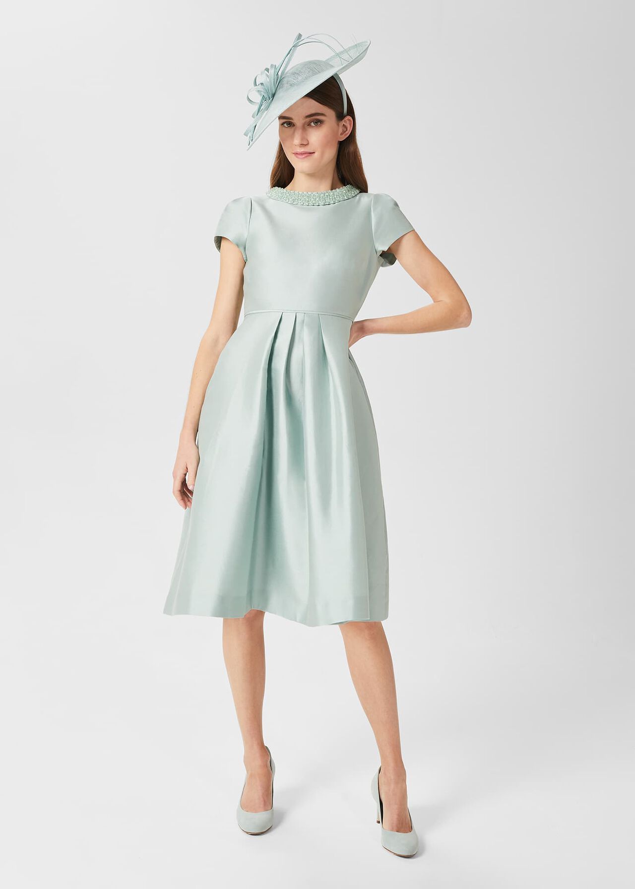 Jocelyn Silk Blend Fit And Flare Dress, Sage Green, hi-res
