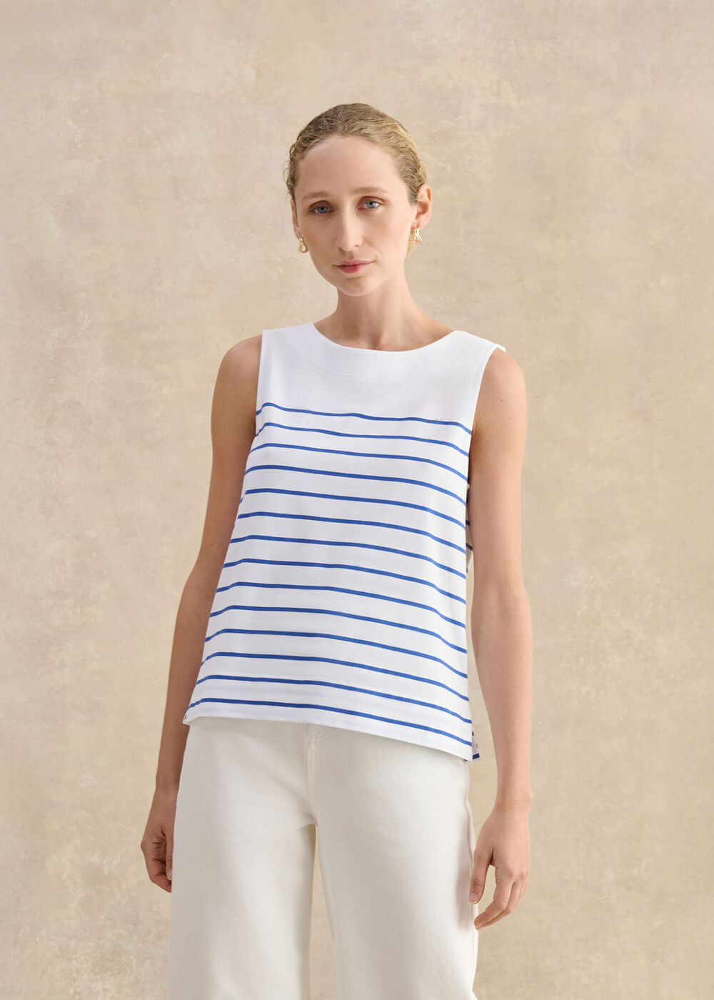 Fern Cotton Button Back Striped Top, White Blue, hi-res