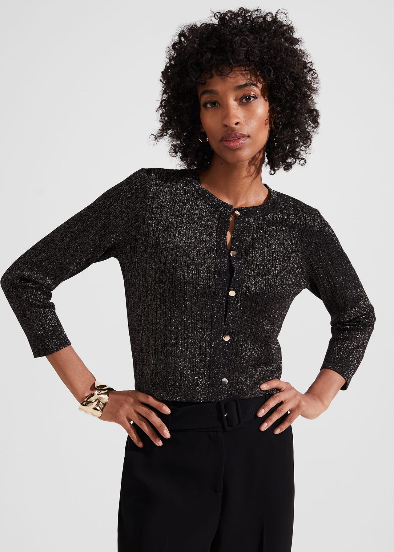 Reena Sparkle Ribbed Knitted Cardigan, Black Gold, hi-res