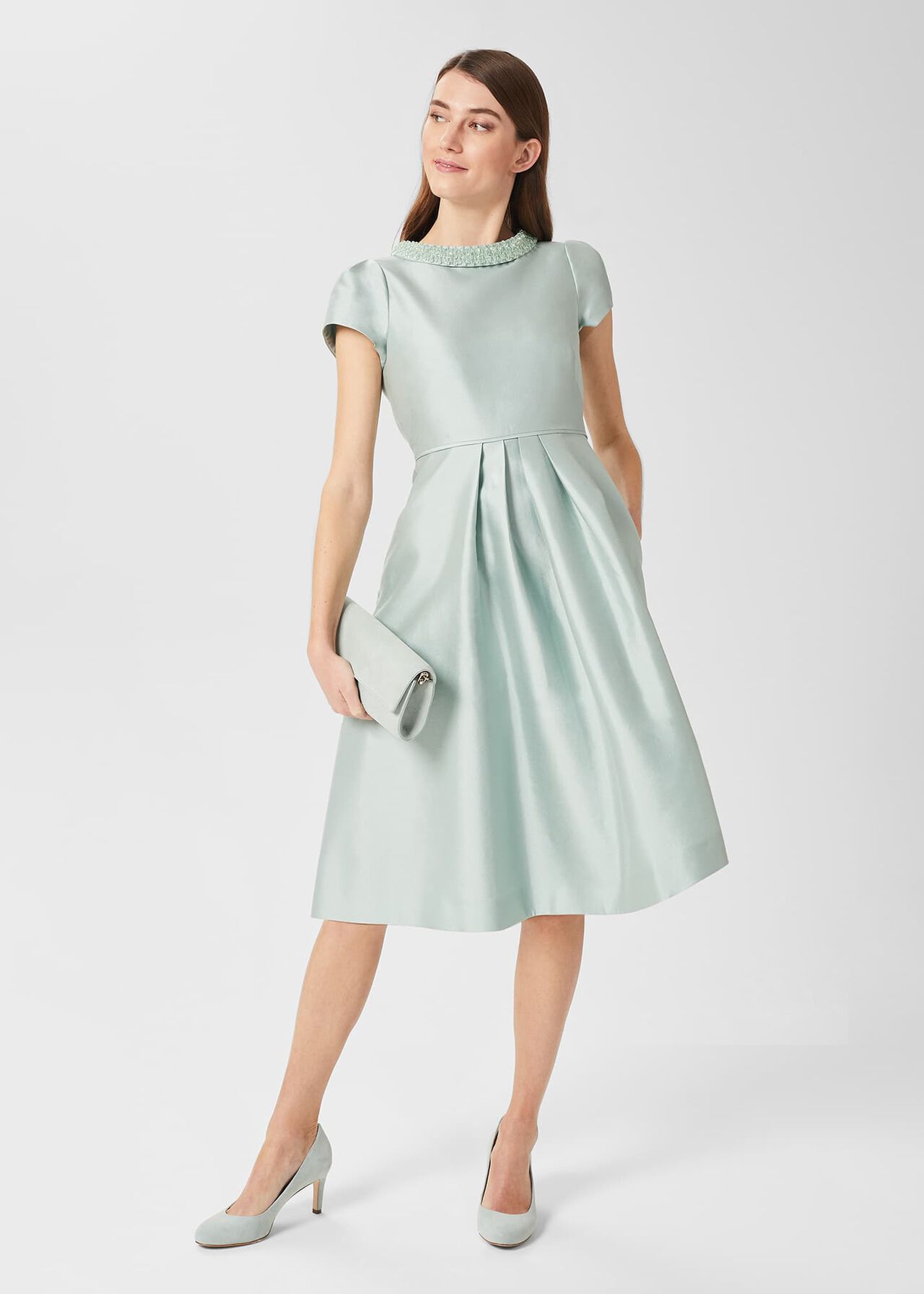 Jocelyn Silk Blend Fit And Flare Dress, Sage Green, hi-res