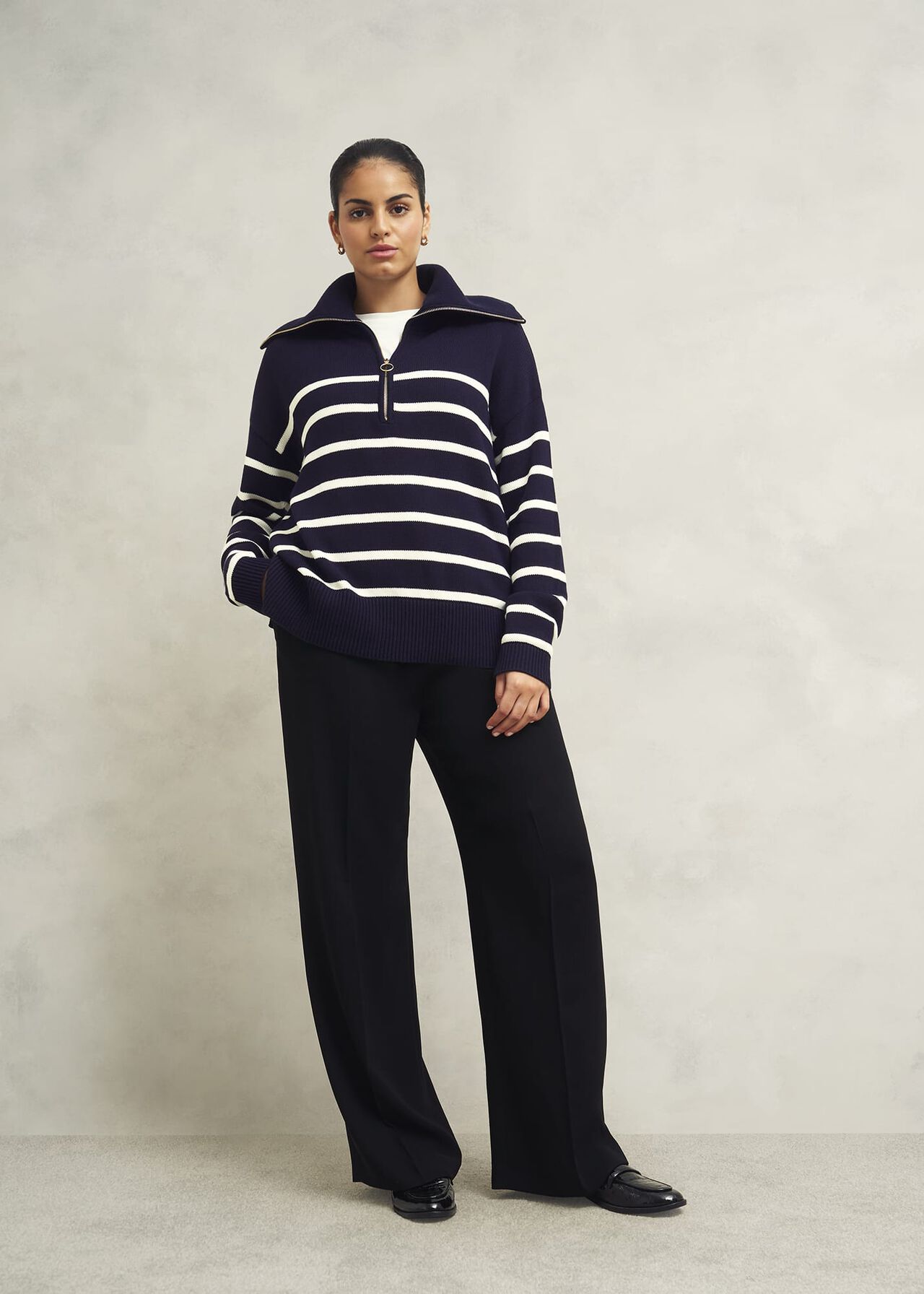 Amy Stripe Cotton Jumper, Warm Ivory Navy, hi-res