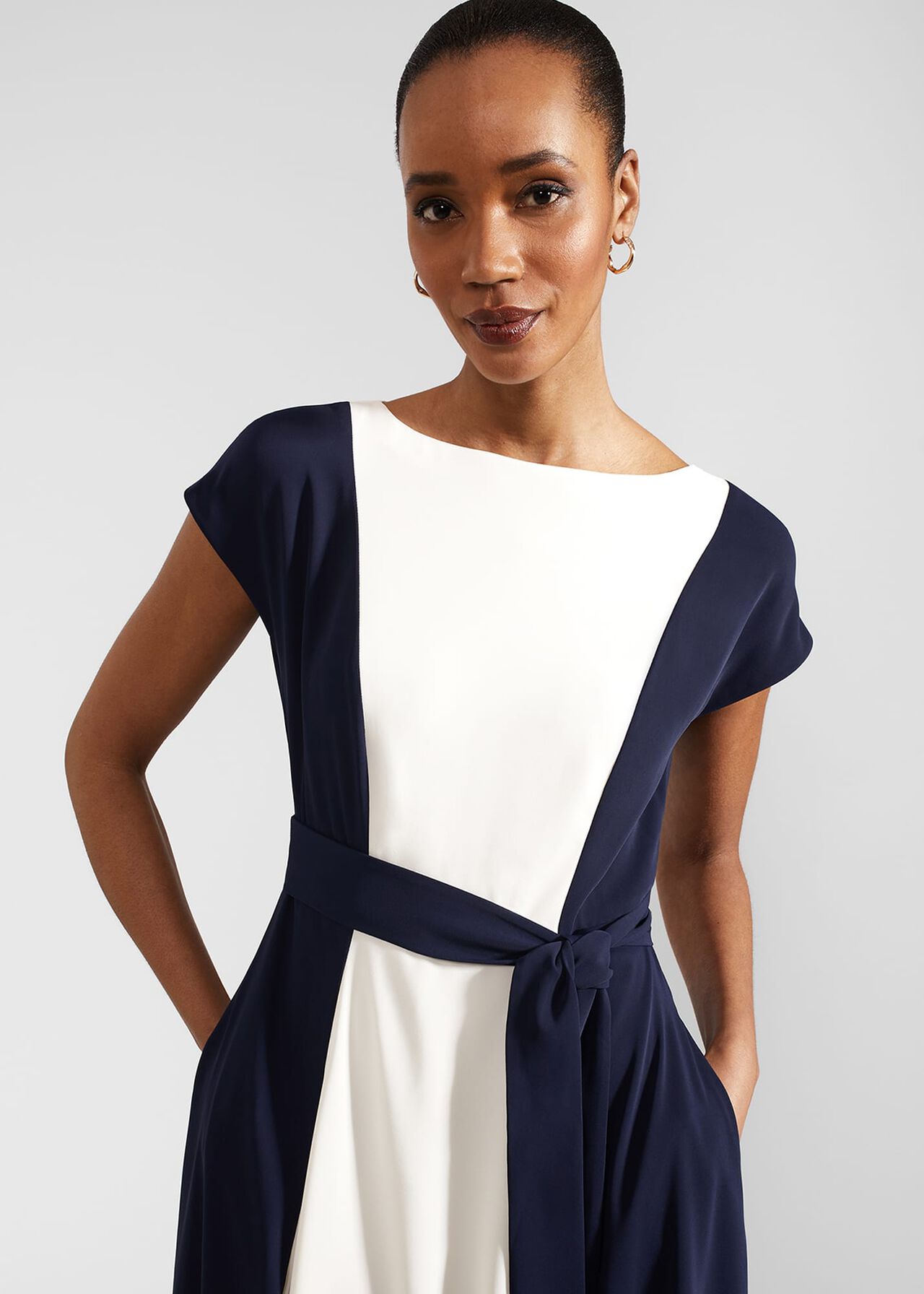 Emery Tie Belted Midi Dress, Navy Cream, hi-res