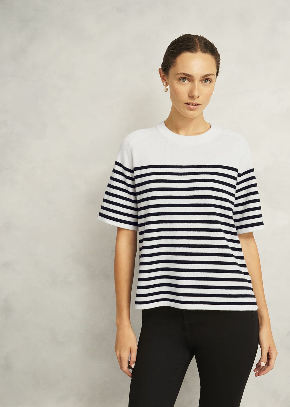 Ivory Demi Wool Blend Short Sleeve Knitted T-Shirt, Ivory Navy, hi-res