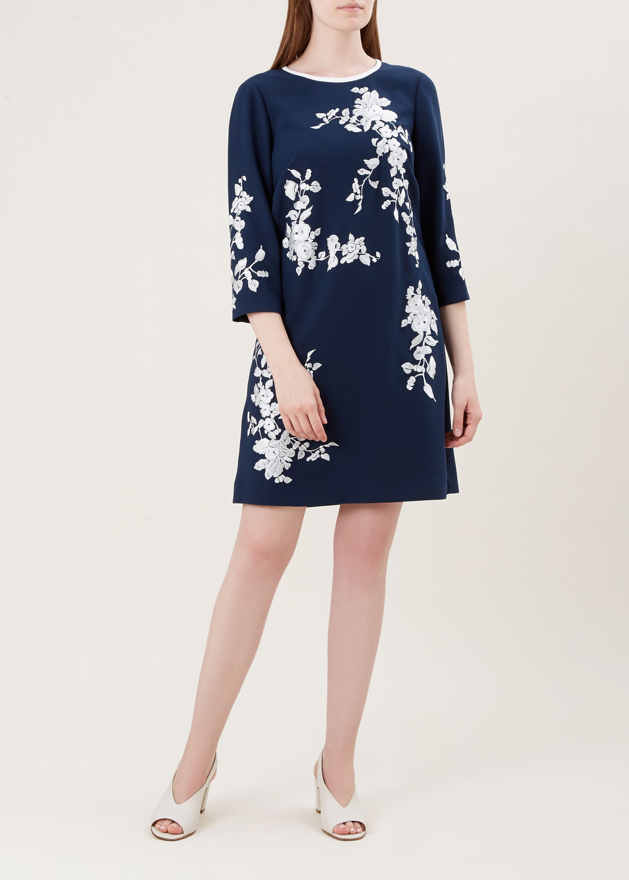 navy and white shift dress