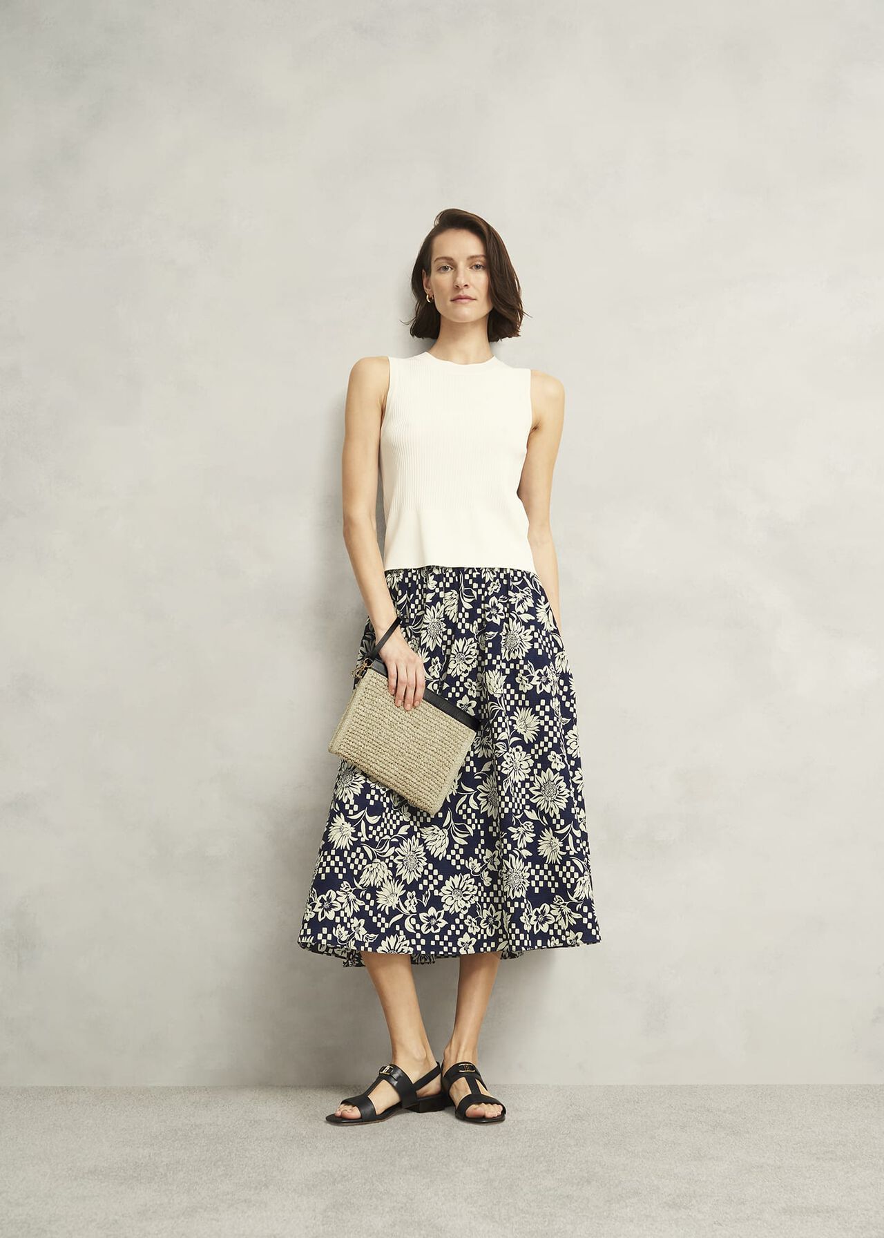 Rousham Cotton Midi Skirt, Navy Cream, hi-res