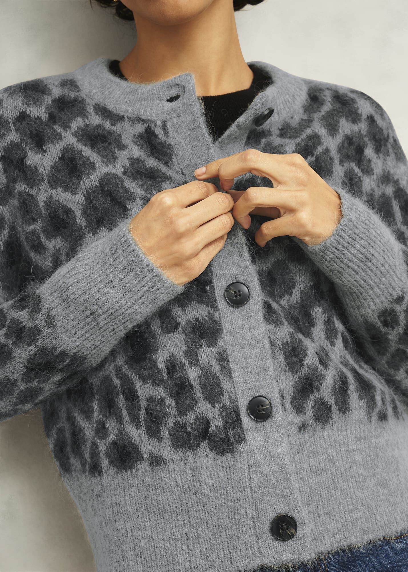 Grey Raleigh Leopard Print Crew Neck Knitted Cardigan | Hobbs US |