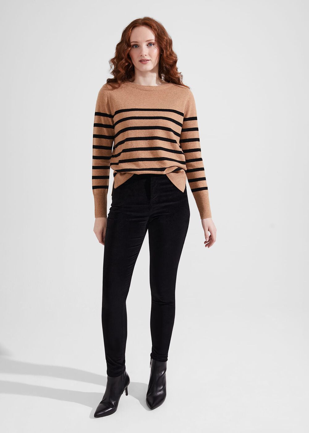 Larina Cashmere Stripe Jumper, Camel Black, hi-res