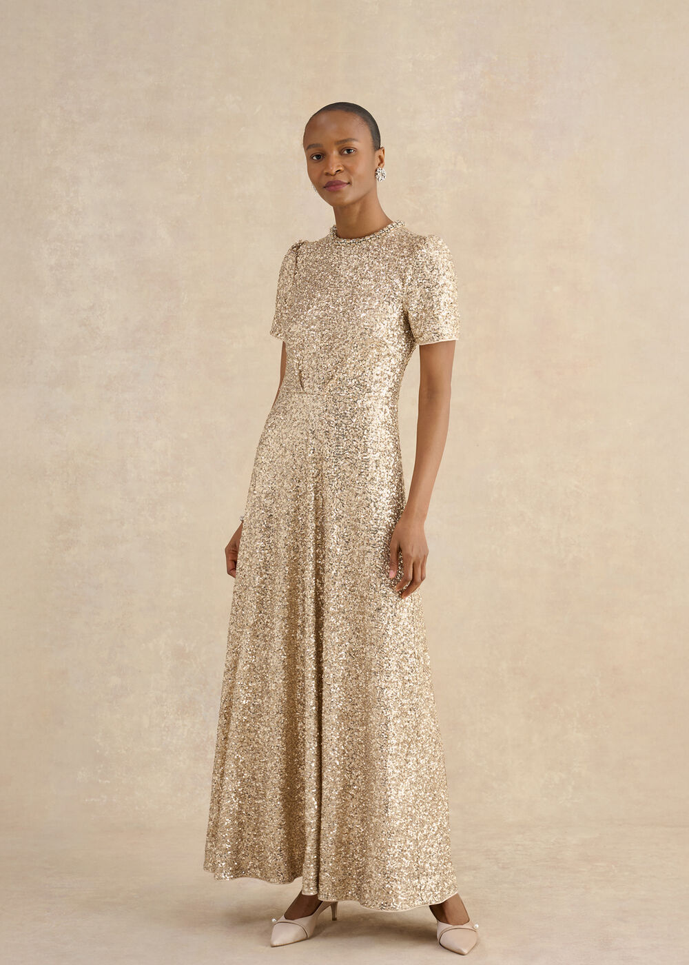 Hobbs Shirley Sequin Trimmed Maxi Dress Champagne Size 16