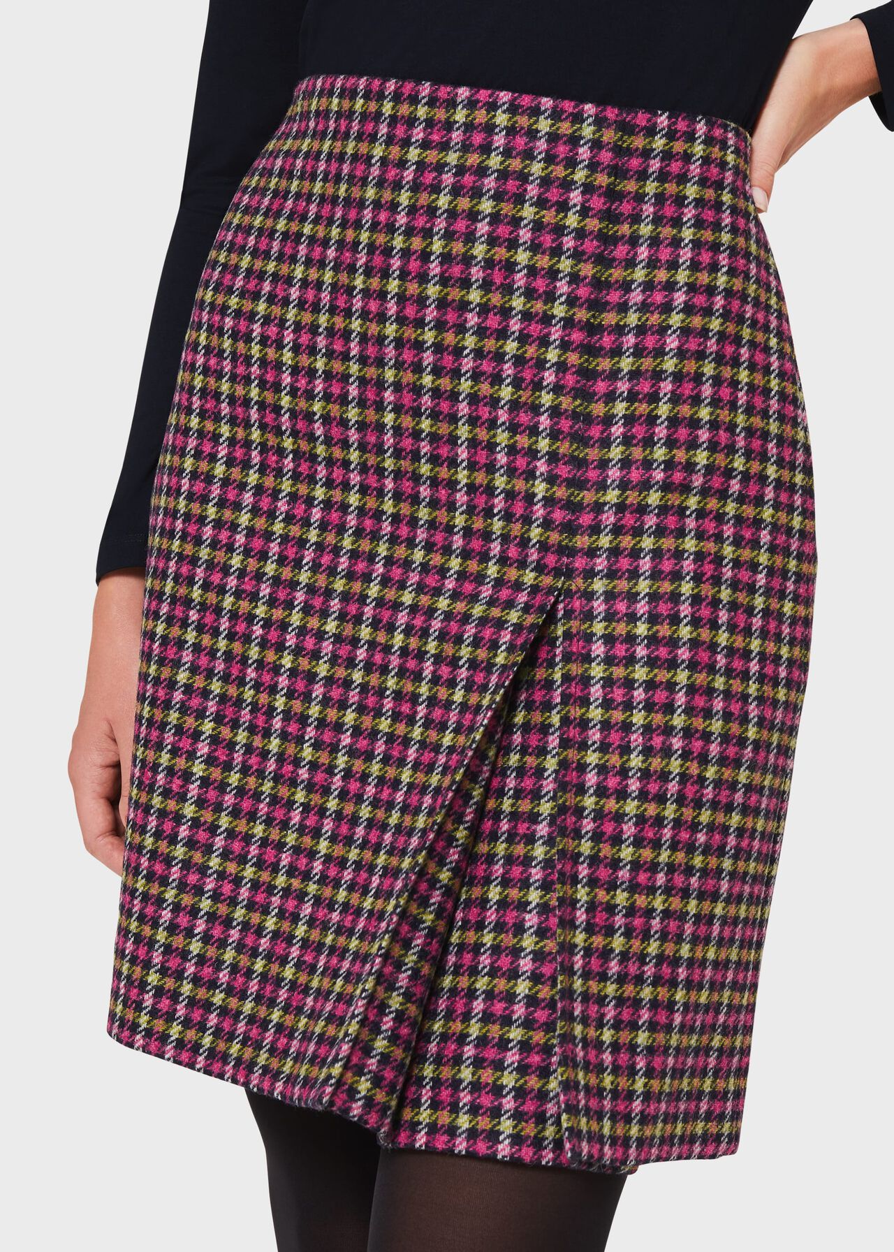 Avery Wool Check Pleated Skirt, Pink Lime Green, hi-res