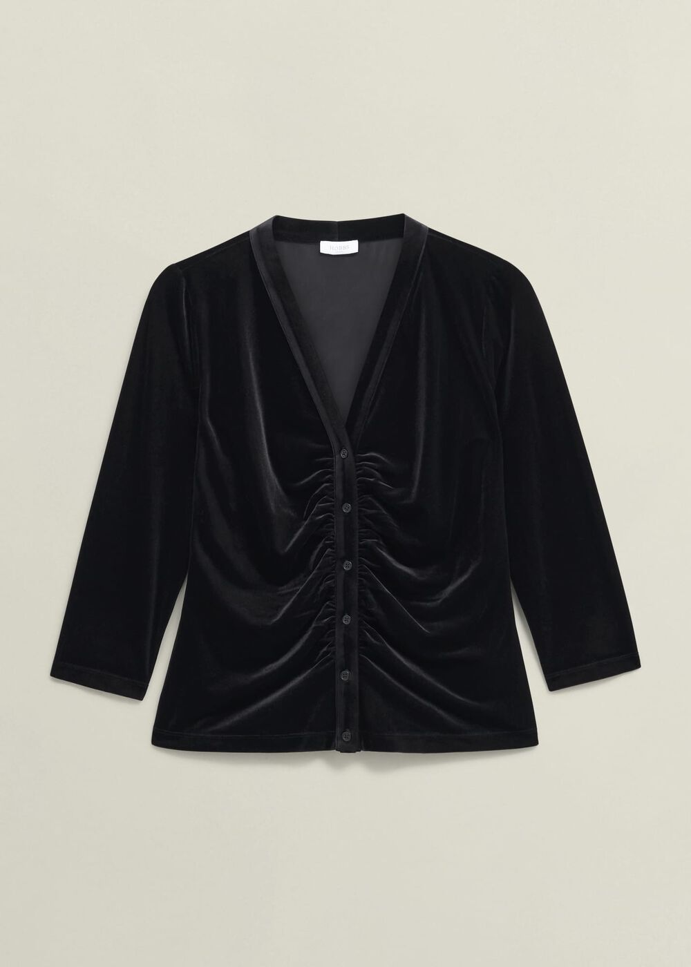 Hattie Velvet Ruched Button Front Top, Black, hi-res