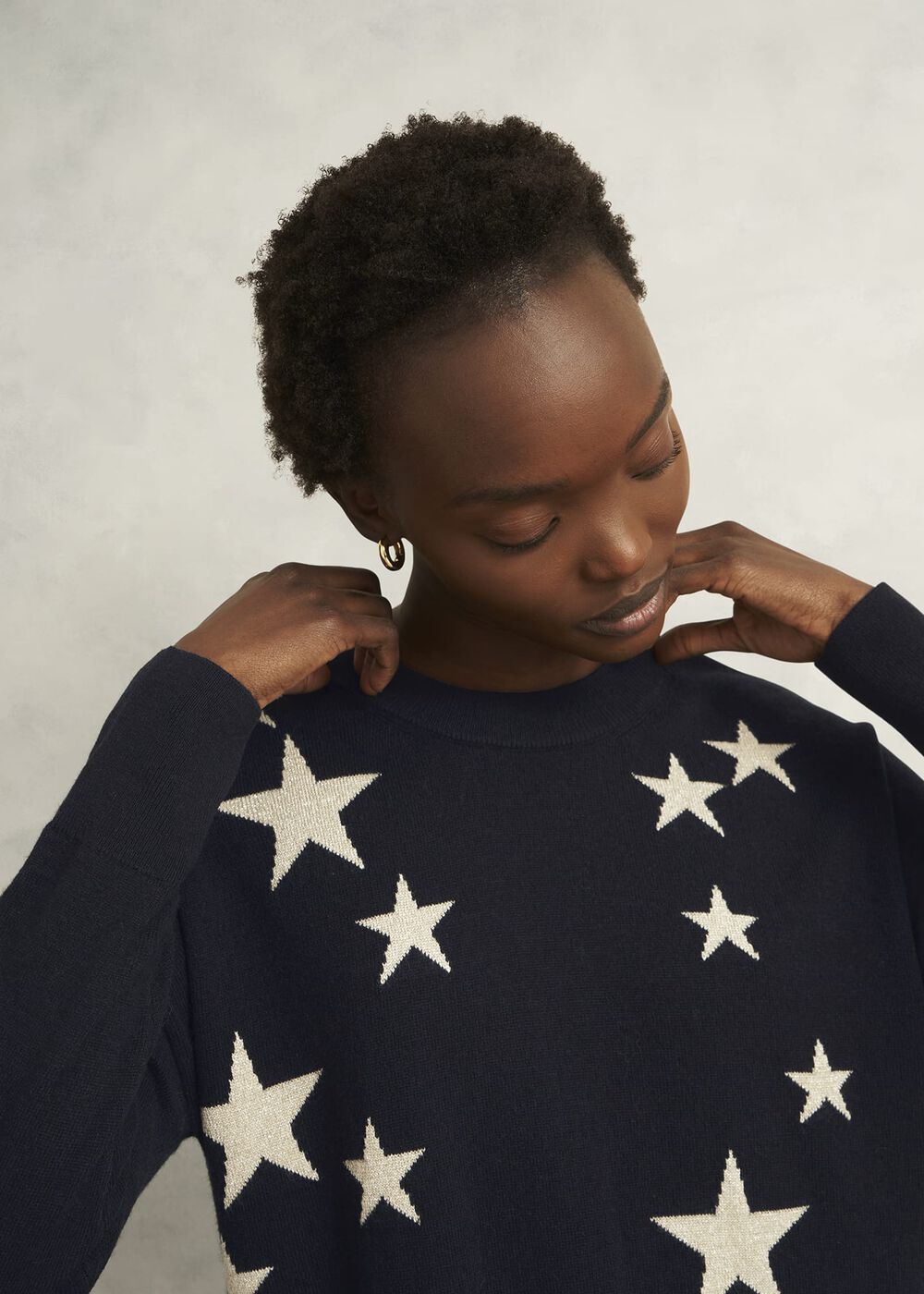 Arnelle Wool Blend Star Print Knitted Jumper, Navy Silver, hi-res