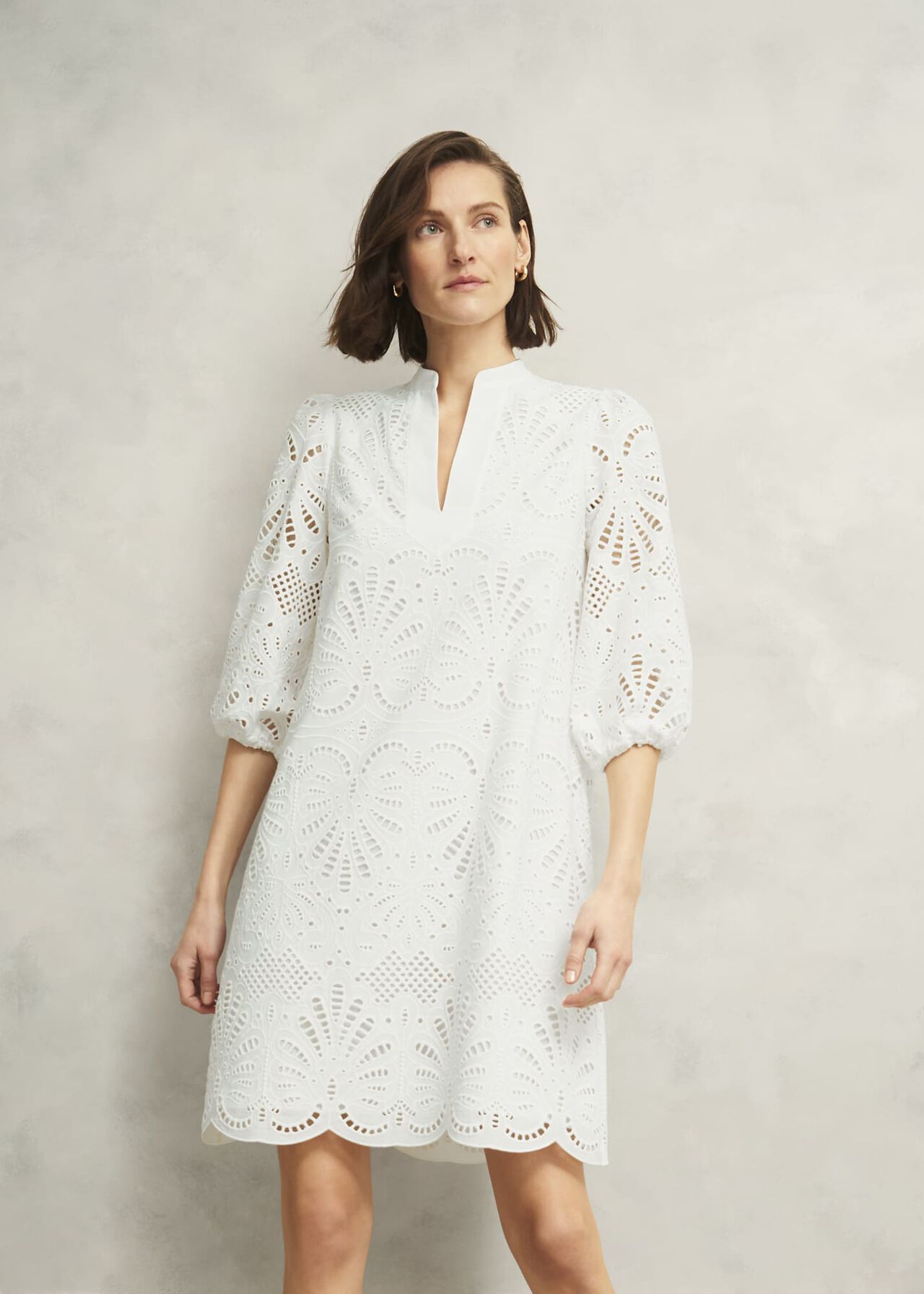 White Easedale Cotton Broderie Dress, Hobbs White, hi-res