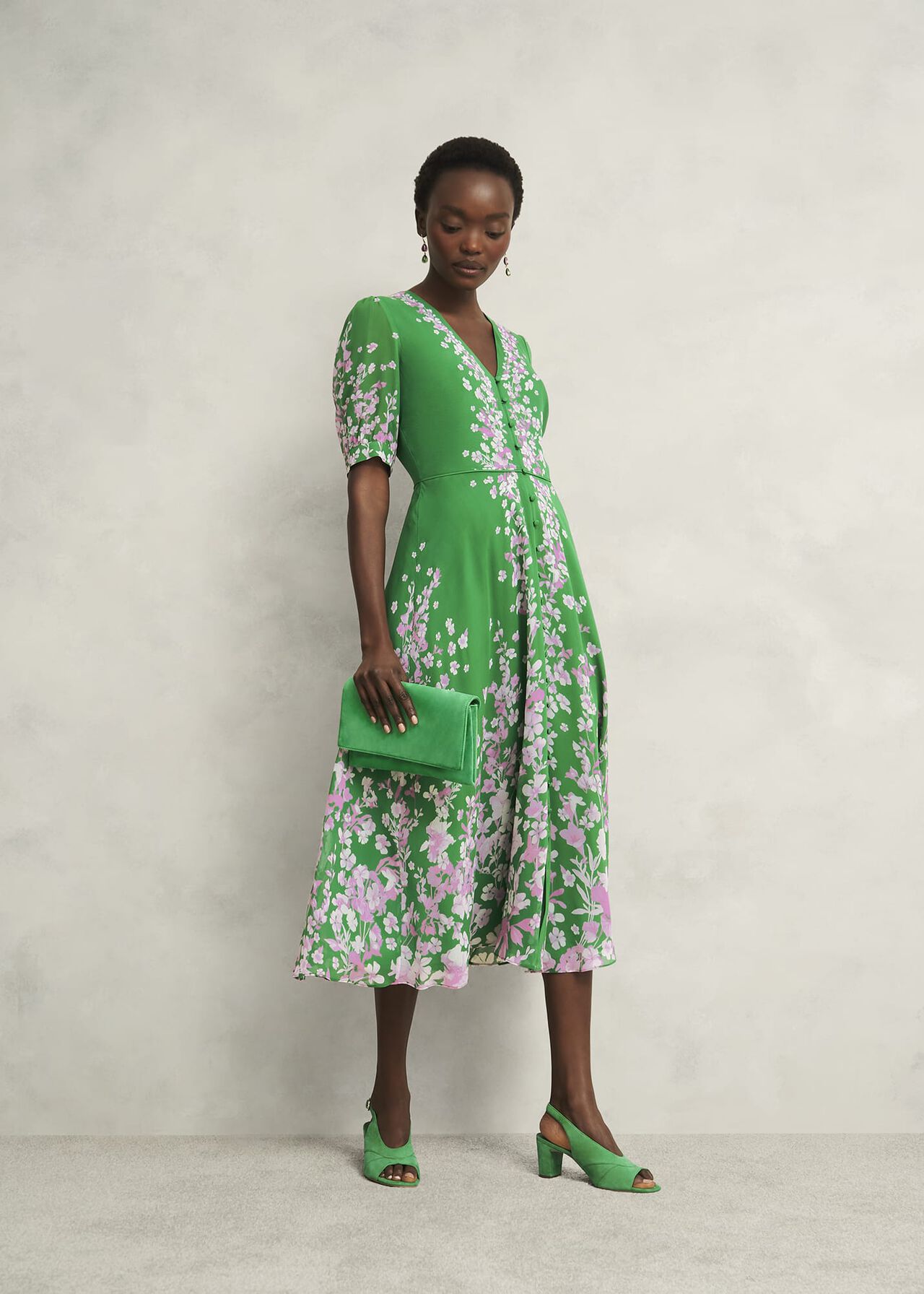 Ana Silk Floral Dress, Green Pink, hi-res