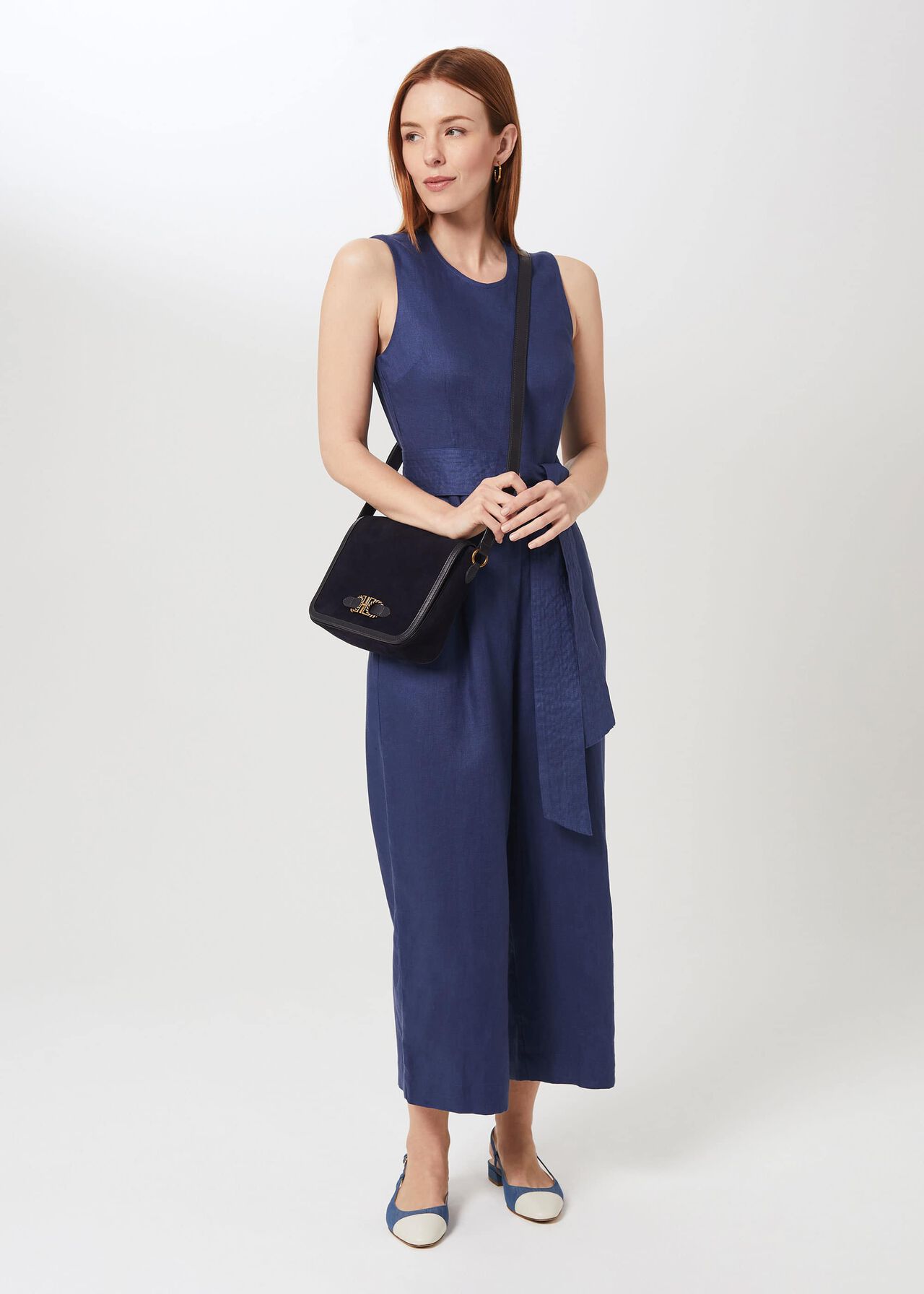 Gabbie Linen Cropped Jumpsuit, French Navy, hi-res