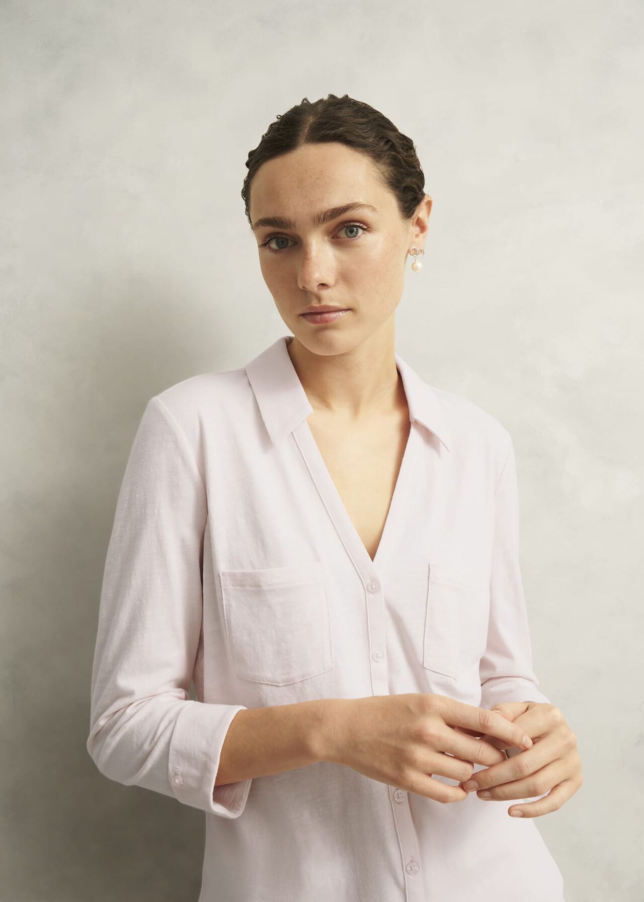 Pink Zariah Cotton Slub 3/4 Sleeve Shirt, Pale Pink, hi-res