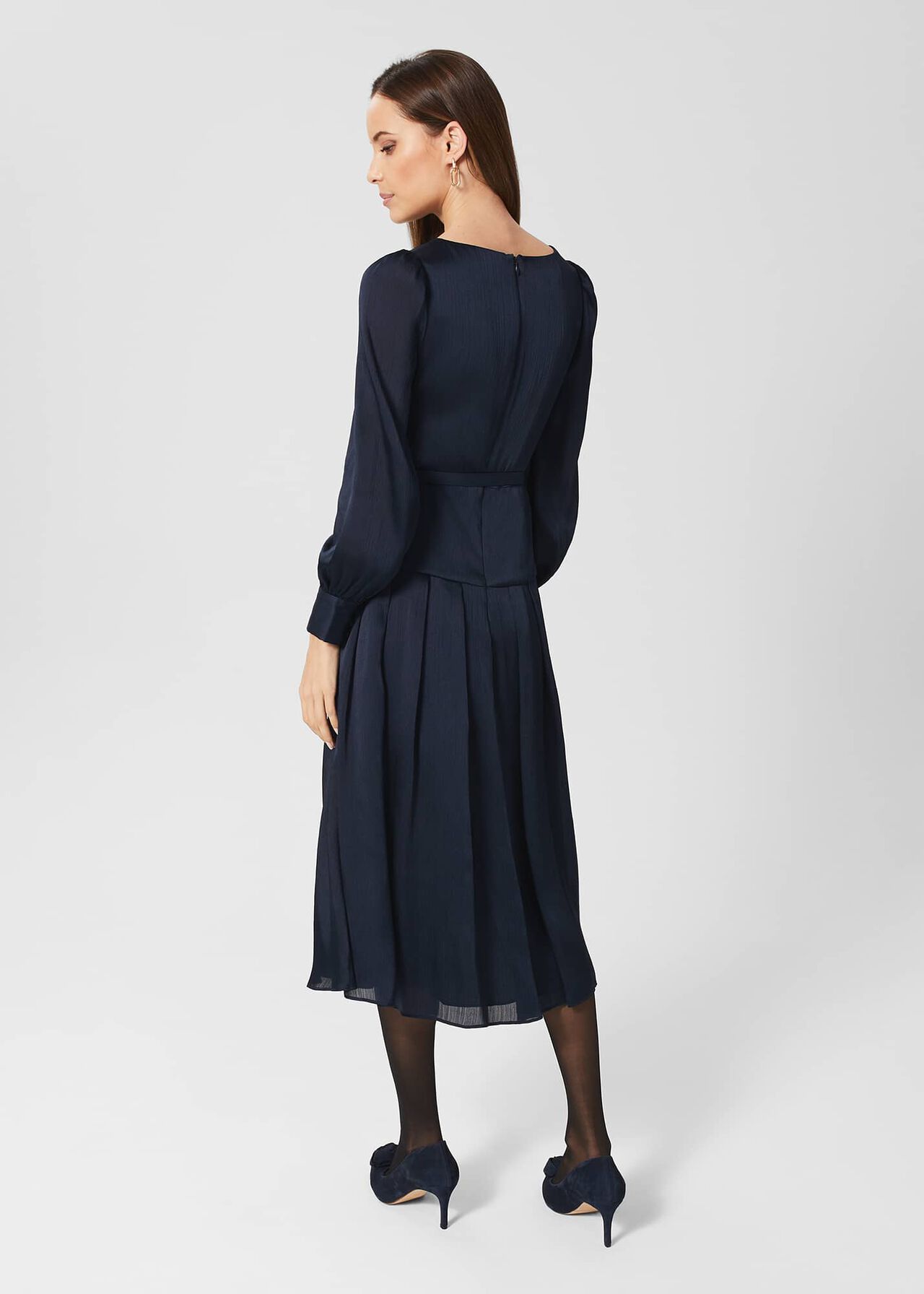 Isabella Satin Pleated Dress, Navy, hi-res