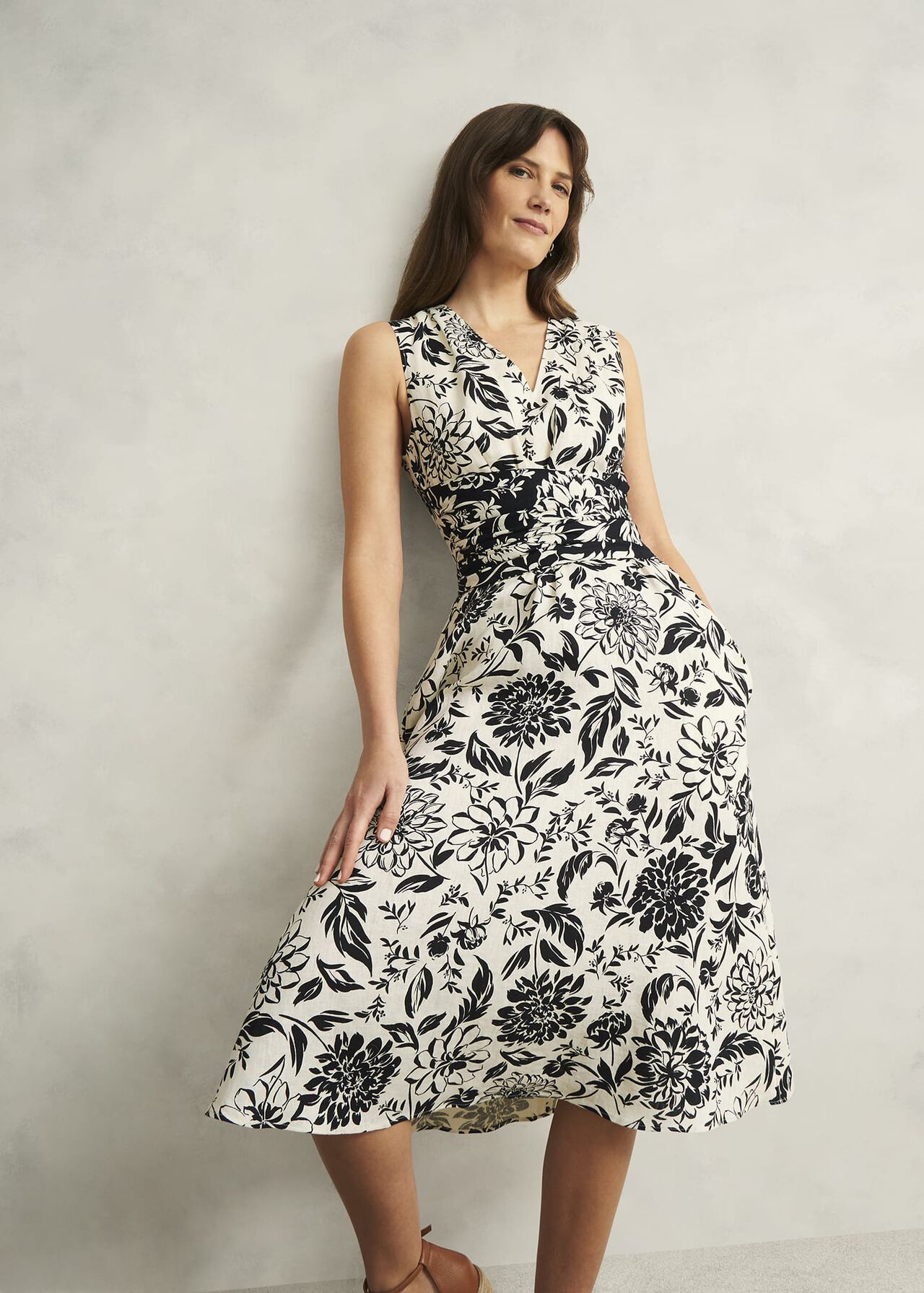 Teagan Linen Dress, Ivory Navy, hi-res